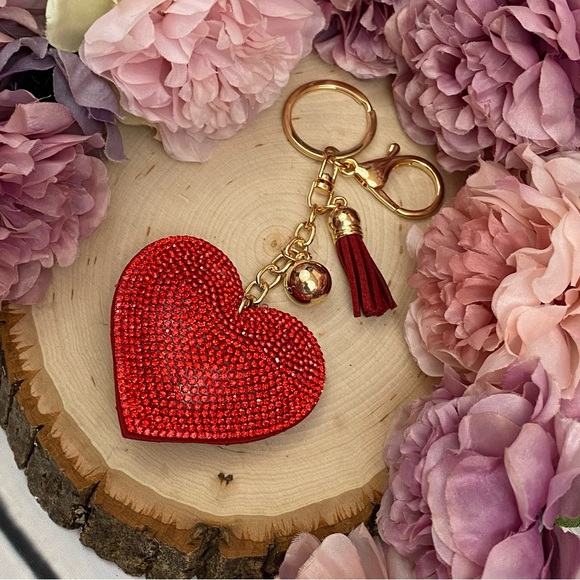Red Rhinestone Heart Pendant with Tassel Keychain Charm - Picture 4 of 9